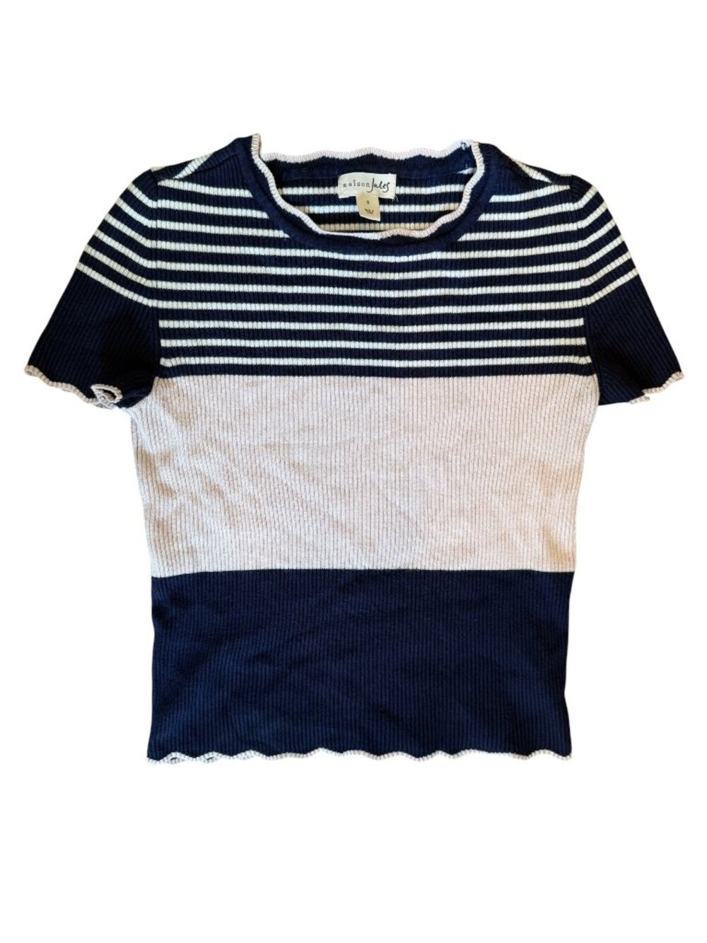 Maison Jules Ribbed Colorblock Navy and Pink Striped Knit Top, Size Small